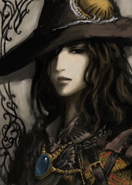 Anime picture 600x835 with vampire hunter d d (vampire hunter d) kaburagi yasutaka single long hair tall image looking at viewer fringe black hair upper body black eyes hair over one eye portrait wavy hair boy hat jewelry witch hat necklace