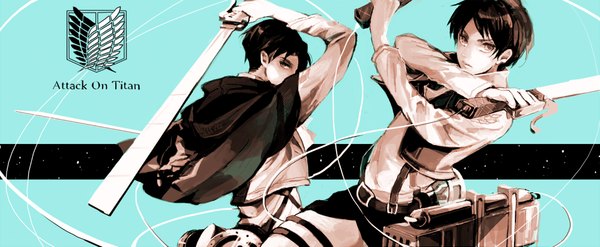 Anime picture 1000x412 with shingeki no kyojin production i.g eren yaeger levi (rivaille) puramai13 fringe short hair black hair brown hair wide image holding brown eyes profile arms up multiple boys dual wielding boy uniform weapon sword