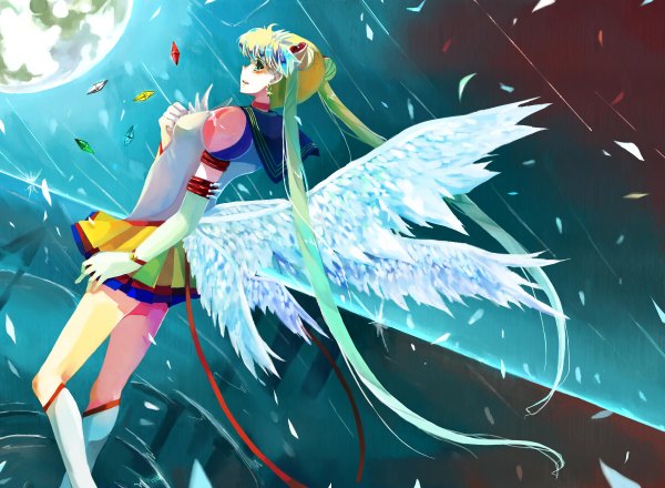 Anime picture 1200x880 with bishoujo senshi sailor moon toei animation tsukino usagi eternal sailor moon nako (nonrain) blush twintails night girl gloves petals wings moon crystal