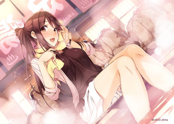 Anime picture 1134x810 with rail wars! iida nana vania600 single long hair looking at viewer blush open mouth brown hair sitting brown eyes signed :d twitter username alternate hairstyle steam soaking feet girl clock towel