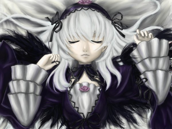 Anime picture 1600x1200 with rozen maiden suigintou long hair highres silver hair eyes closed dress wings frills hairband neoste