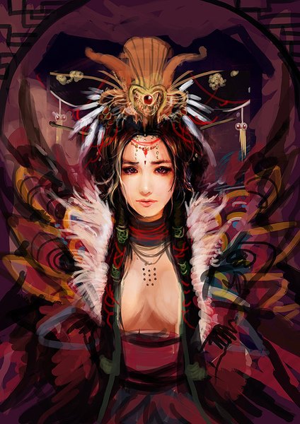 Anime picture 566x800 with original muju single long hair tall image looking at viewer fringe light erotic red eyes twintails cleavage indoors traditional clothes parted lips japanese clothes lips alternate costume lipstick tears low twintails