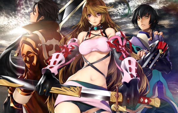 Anime picture 1200x765 with tales of (series) tales of xillia milla maxwell jude mathis alvin (tales of xillia) simuka (kazakami) long hair short hair black hair red eyes brown hair bare shoulders yellow eyes girl boy gloves weapon sword