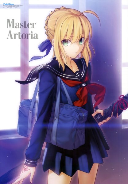 Anime picture 4083x5870 with fate (series) fate/stay night studio deen type-moon artoria pendragon (all) saber single tall image fringe highres blonde hair standing holding green eyes absurdres braid (braids) tattoo girl skirt uniform