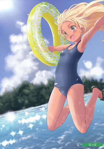 Anime picture 2462x3500 with melonbooks natsupa single long hair tall image blush highres open mouth light erotic blonde hair signed sky cloud (clouds) scan grey eyes girl swimsuit one-piece swimsuit school swimsuit swim ring