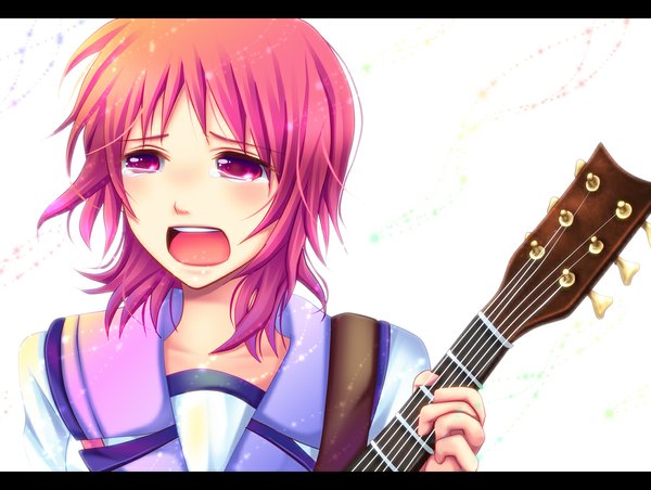Anime picture 1100x830 with angel beats! key (studio) iwasawa masami tagme (artist) short hair open mouth pink hair pink eyes tears girl guitar