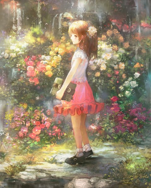 Anime picture 800x1000 with original chibi (shimon) single long hair tall image brown hair brown eyes hair flower girl skirt hair ornament flower (flowers) plant (plants) water book (books)