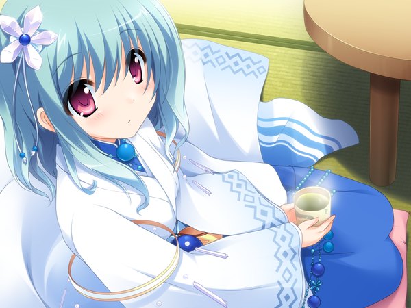 Anime picture 1600x1200 with lovekami short hair red eyes blue hair game cg girl tea