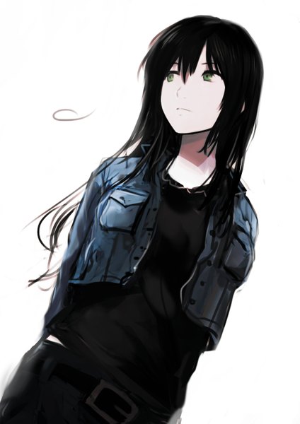 Anime picture 992x1403 with original kamemushi (hoozuki) single long hair tall image fringe black hair simple background white background green eyes looking away open clothes open jacket denim girl jacket belt denim jacket