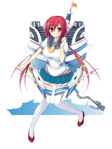 Anime picture 1257x1671 with original kukan single long hair tall image looking at viewer blush red eyes white background twintails red hair girl thighhighs skirt white thighhighs sailor suit