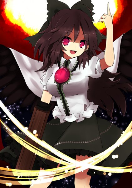 Anime picture 1748x2480 with touhou reiuji utsuho purin jiisan single long hair tall image highres open mouth black hair red eyes starry sky print arm cannon girl dress bow weapon hair bow wings