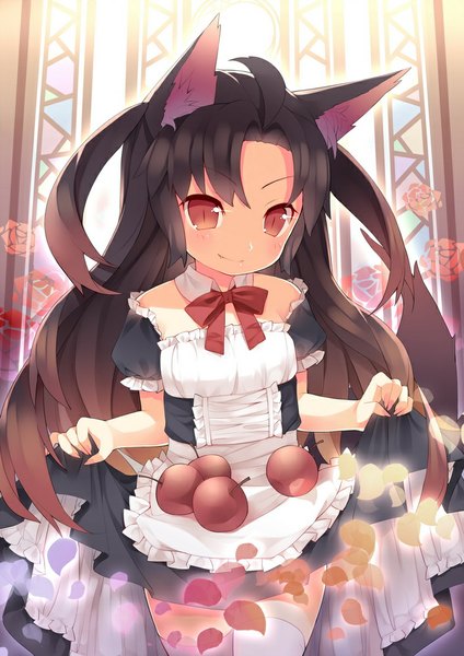 Anime picture 707x1000 with touhou imaizumi kagerou saru (longbb) single long hair tall image looking at viewer blush fringe black hair smile red eyes brown hair holding animal ears ahoge tail animal tail multicolored hair fingernails