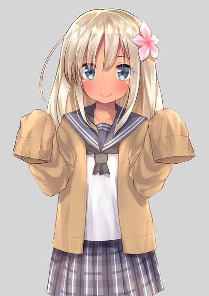 Anime picture 2508x3541 with kantai collection ro-500 submarine go-1 single long hair tall image looking at viewer blush fringe highres blue eyes blonde hair simple background smile hair between eyes standing long sleeves hair flower grey background dark skin