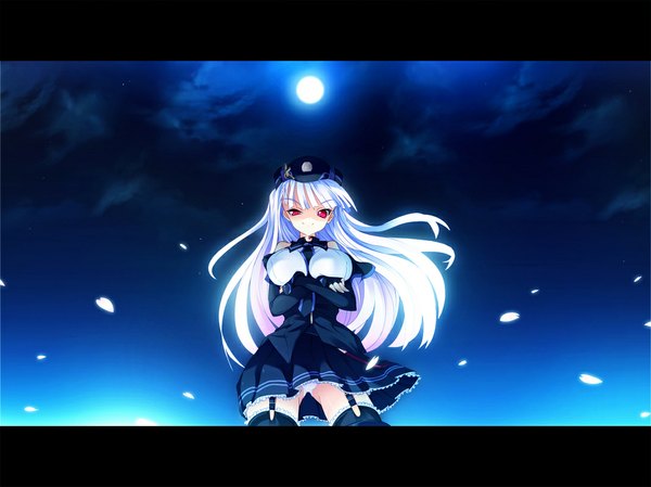 Anime picture 1067x800 with original torisan single long hair light erotic smile red eyes white hair night crossed arms girl moon