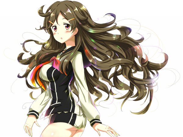 Anime picture 1500x1125 with vividred operation shinomiya himawari rika (kakera) single long hair blush simple background brown hair white background brown eyes girl uniform