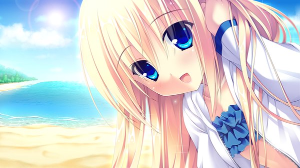 Anime picture 1024x576 with lovely quest long hair open mouth blue eyes blonde hair wide image game cg beach girl