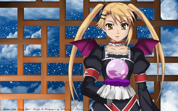 Anime picture 1920x1200 with nyan koi kirishima kotone highres blonde hair wide image twintails brown eyes bat wings girl wings