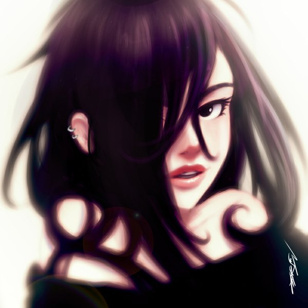 Anime picture 800x800 with rafaarsen single long hair looking at viewer fringe black hair simple background white background signed lips black eyes hair over one eye piercing girl