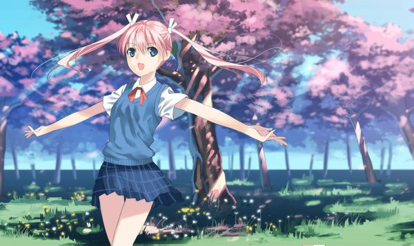 Anime picture 1500x891 with original joeian (artist) long hair open mouth blue eyes wide image twintails pink hair cherry blossoms spread arms girl uniform plant (plants) school uniform tree (trees)