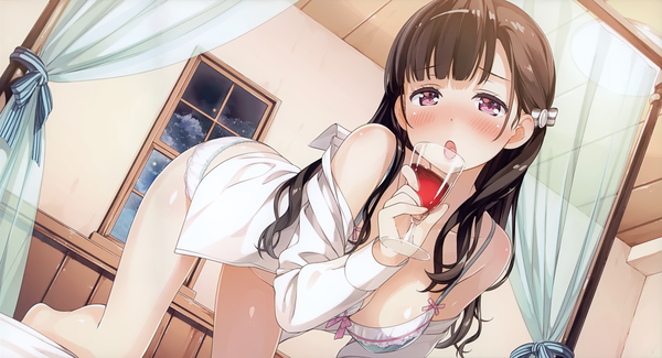 Anime picture 4608x2500 with original kantoku single long hair looking at viewer blush highres breasts open mouth light erotic brown hair wide image large breasts purple eyes bare shoulders absurdres cloud (clouds) scan night official art