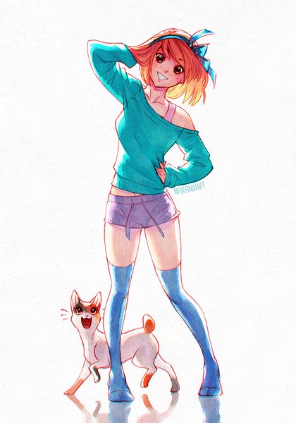 Anime picture 700x1000 with original ai (nakanoart) nakanoart single tall image looking at viewer fringe short hair simple background smile white background bare shoulders full body orange hair bare belly orange eyes no shoes hand on hip reflection freckles