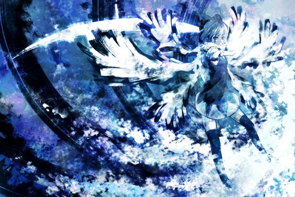 Anime picture 1200x800 with touhou cirno same (pixiv) single blue eyes blue hair girl thighhighs dress bow wings