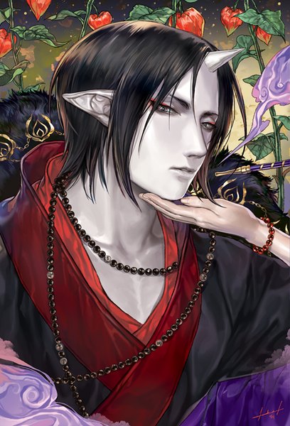 Anime picture 600x882 with hoozuki no reitetsu wit studio hoozuki (hoozuki no reitetsu) hakutaku (hoozuki no reitetsu) akgi single tall image looking at viewer short hair black hair signed traditional clothes japanese clothes horn (horns) pointy ears grey eyes portrait smoke eyebrows eyeshadow