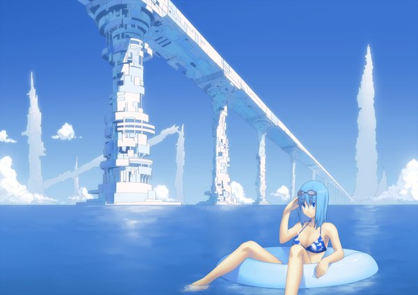 Anime picture 1500x1060 with original ac (eshi) single short hair blue eyes sitting bare shoulders blue hair sky cloud (clouds) barefoot landscape salute girl swimsuit bikini water sea goggles swim ring