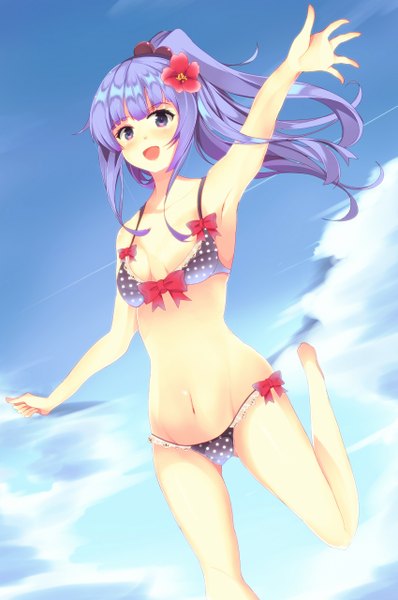 Anime picture 850x1280 with original mikususannda single long hair tall image blush open mouth light erotic purple eyes blue hair sky cloud (clouds) ponytail hair flower girl navel hair ornament flower (flowers) bow swimsuit