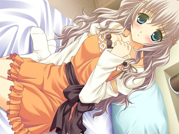 Anime picture 1024x768 with school love! 3 aida ai long hair blush brown hair green eyes game cg girl dress bed