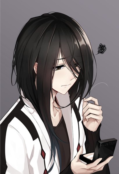 Anime picture 614x900 with fate (series) fate/prototype caster (fate/prototype fragments) shijiu (adamhutt) single long hair tall image fringe black hair holding brown eyes upper body hair over one eye looking down sad messy hair boy