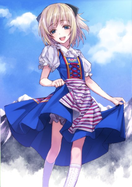Anime picture 850x1200 with original matsuryuu single tall image looking at viewer blush short hair open mouth blue eyes blonde hair sky cloud (clouds) traditional clothes mountain dress lift girl dress socks white socks