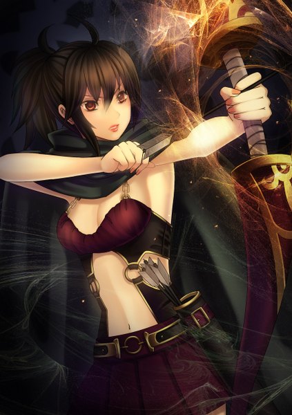 Anime picture 1748x2480 with original falseele single tall image looking at viewer highres short hair black hair brown eyes ponytail nail polish midriff girl dress skirt navel weapon bow (weapon) arrow (arrows)