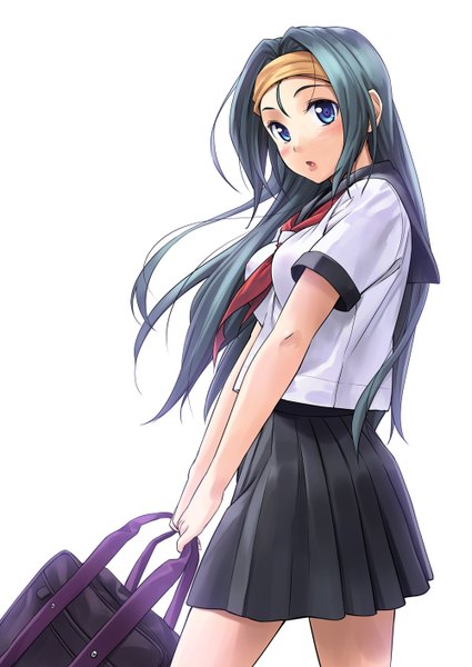 Anime picture 1000x1412 with original tenkuu nozora single long hair tall image looking at viewer blush open mouth blue eyes simple background white background blue hair girl uniform school uniform serafuku hairband