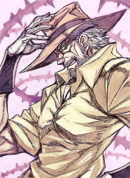 Anime picture 876x1200 with jojo no kimyou na bouken joseph joestar hermit purple matsuryuu single tall image looking at viewer short hair silver hair profile grey eyes old man sidewhiskers boy hat beard thorns