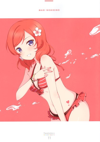 イラスト 2389x3416 と ラブライブ! サンライズ love live! 西木野真姫 6u☆ ソロ 長身像 カメラ目線 highres 短い髪 light erotic 紫目 赤髪 parted lips hair flower character names red background 女の子 花 水着