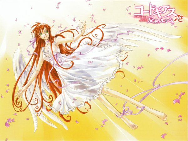 Anime picture 3769x2829 with code geass sunrise (studio) clamp shirley fenette long hair highres green eyes absurdres red hair very long hair angel wings dress petals wings feather (feathers)