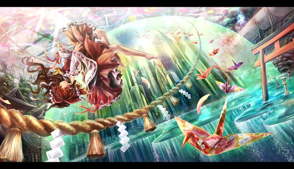 Anime picture 1388x800 with touhou hakurei reimu cirno torino aqua single long hair open mouth red eyes brown hair wide image :o city light letterboxed girl dress ribbon (ribbons) plant (plants) tree (trees) building (buildings)