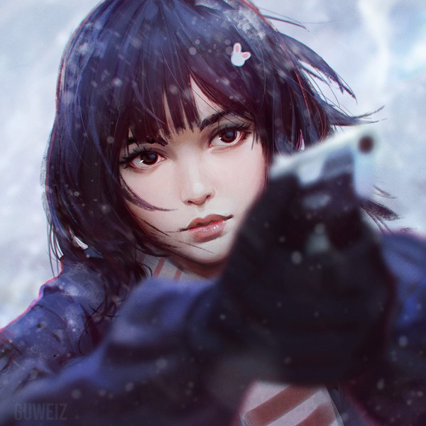 Anime picture 900x900 with original guweiz single fringe short hair black hair holding brown eyes signed looking away upper body outdoors head tilt wind lips blurry realistic depth of field outstretched arm watermark