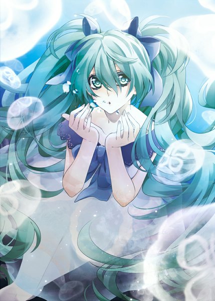 Anime picture 786x1100 with vocaloid hatsune miku rico (fbn3) single long hair tall image twintails bare shoulders aqua eyes aqua hair looking up underwater girl dress bow hair bow bubble (bubbles)