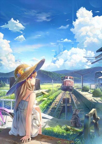 Anime picture 800x1134 with original wingheart single long hair tall image looking at viewer blush fringe blonde hair hair between eyes sitting purple eyes bare shoulders holding sky cloud (clouds) profile looking back arm support shadow