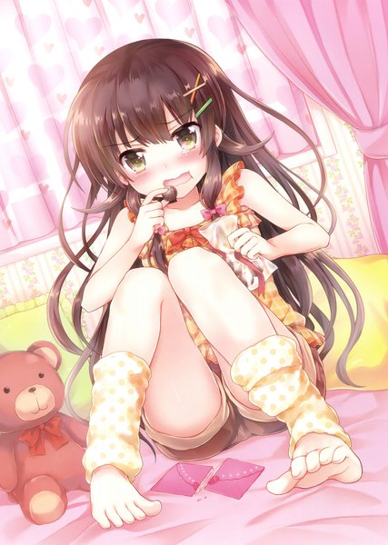 Anime picture 2489x3500 with original tachitsu teto single long hair tall image looking at viewer blush highres open mouth black hair brown eyes scan official art girl food shorts sweets toy stuffed animal stuffed toy