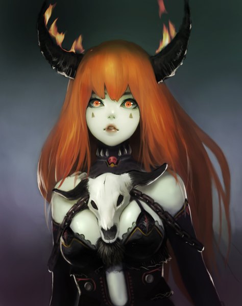 Anime picture 1000x1266 with original meto31 single long hair tall image looking at viewer fringe breasts simple background horn (horns) orange hair orange eyes facial mark glowing face paint girl detached sleeves chain fire skull