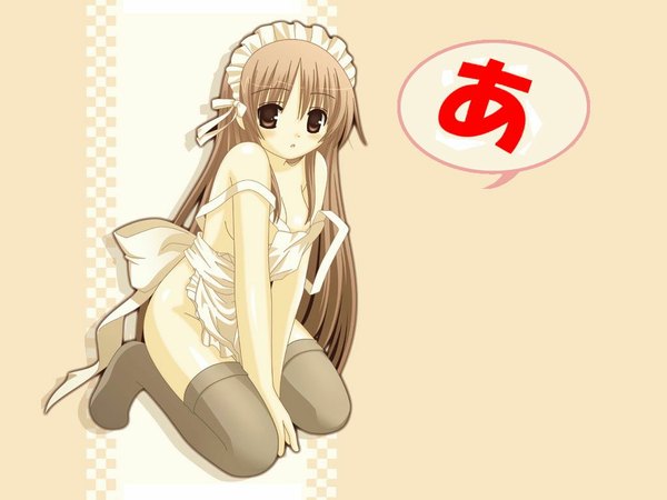 Anime picture 1024x768 with long hair light erotic brown hair brown eyes maid undressing naked apron thighhighs apron