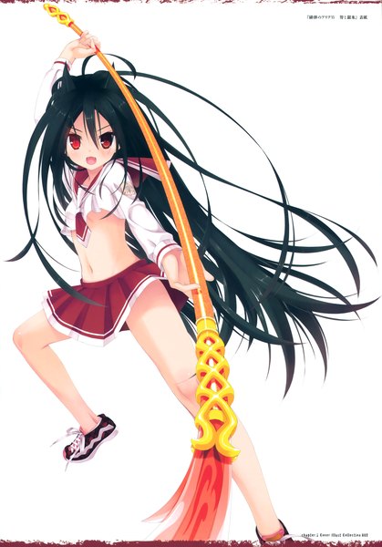 Anime picture 2656x3800 with hidan no aria kobuichi single long hair tall image looking at viewer blush highres open mouth light erotic black hair simple background red eyes white background scan girl skirt uniform weapon school uniform