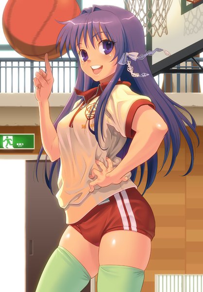 Anime picture 627x900 with clannad key (studio) fujibayashi kyou pairan single long hair tall image blush open mouth light erotic smile purple eyes purple hair hand on hip basketball girl thighhighs uniform bow hair bow