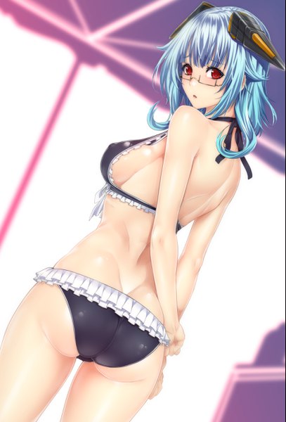 Anime picture 1698x2500 with infinite stratos 8bit sarashiki kanzashi zucchini single long hair tall image looking at viewer blush fringe breasts open mouth light erotic red eyes large breasts standing bare shoulders holding payot blue hair