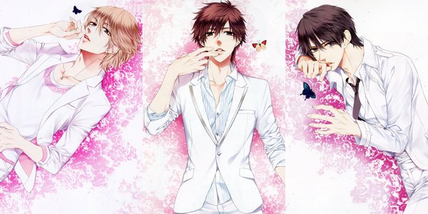 Anime picture 1920x960 with dousei kareshi blackbutterfly kei ichinose chisa kousaki kyouhei sena kirishima sou looking at viewer highres short hair simple background brown hair wide image purple eyes brown eyes parted lips open clothes open jacket multiple boys finger to mouth striped