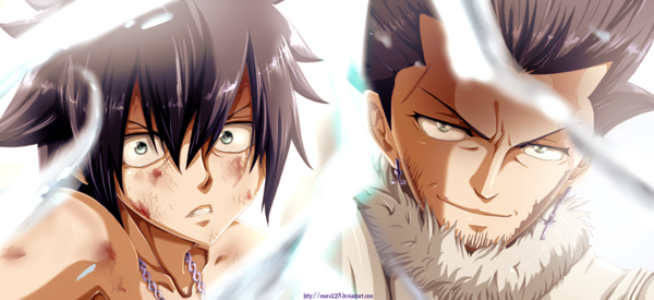 Anime picture 1400x643 with fairy tail gray fullbuster silver (fairy tail) enara123 short hair black hair smile wide image green eyes multiple boys coloring light close-up smoke manga boy earrings fur blood 2 boys
