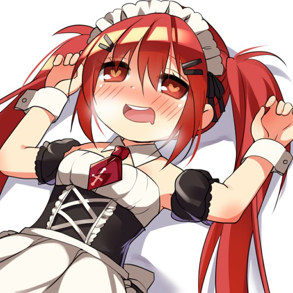 Anime picture 1024x1024 with original vivian (mvv) mvv single long hair blush fringe open mouth red eyes twintails bare shoulders red hair symbol-shaped pupils looking up girl dress hair ornament necktie headdress heart